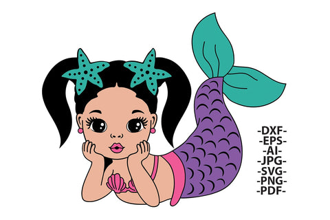 Cute Mermaid Girl SVG with Glitter Tail and Starfish Bows PNG DXF PDF EPS JPG AI Underwater Clipart for Cricut Birthday and Ocean Crafts SVG 1uniqueminute 