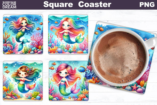 Cute Mermaid Square Coaster | Underwater Coaster Sublimation WatercolorColorDream 