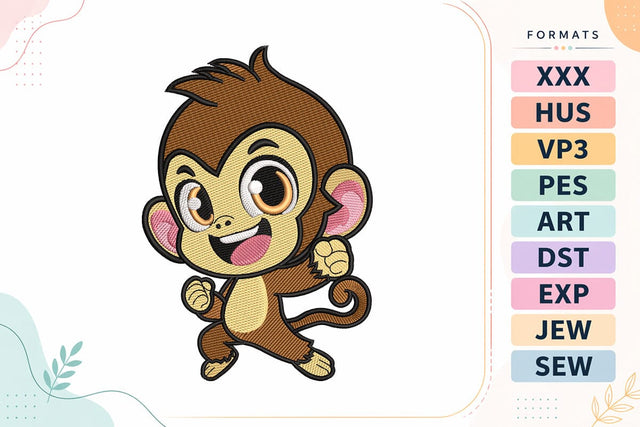 Cute Monkey Embroidery Design - Kawaii Animal Embroidery/Applique DESIGNS sg embroidery 