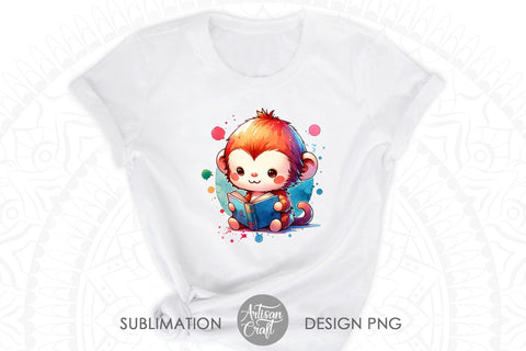 Cute Monkey reading book watercolor clipart bundle Sublimation Artisan Craft SVG 