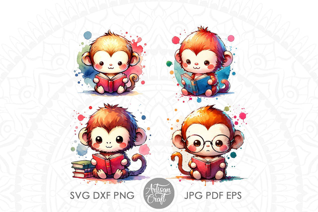 Cute Monkey reading book watercolor clipart bundle Sublimation Artisan Craft SVG 