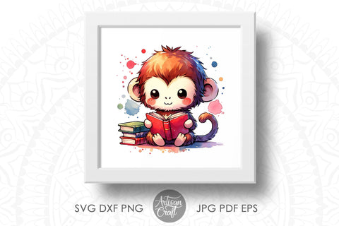 Cute Monkey reading book watercolor clipart bundle Sublimation Artisan Craft SVG 