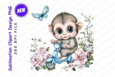 Cute Monkey Riding Scooter With Flowers Clipart Sublimation Regulrcrative 