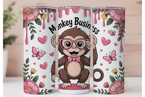Cute Monkey Tumbler Wrap PNG Sublimation PixelChick 