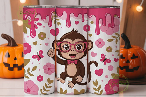 Cute Monkey Tumbler Wrap PNG Sublimation PixelChick 