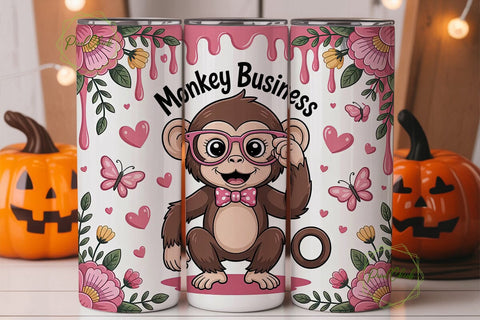 Cute Monkey Tumbler Wrap PNG Sublimation PixelChick 