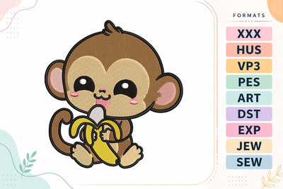 Cute Monkey with Banana Embroidery Design - Kawaii Monkey Embroidery/Applique DESIGNS sg embroidery 
