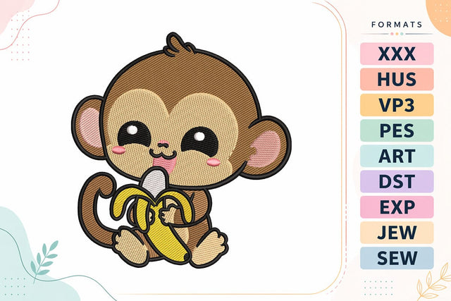 Cute Monkey with Banana Embroidery Design - Kawaii Monkey Embroidery/Applique DESIGNS sg embroidery 