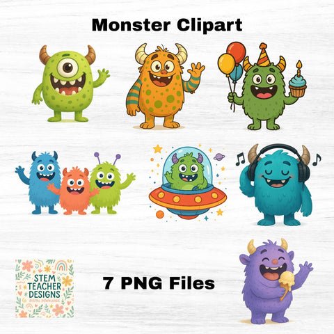 Cute Monster Clipart Bundle – 7 PNG Files – Fun Cartoon Monsters for Kids, Birthday Crafts, Classroom Decor, Digital Stickers Sublimation The STEM Teacher 