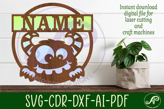 Cute monster name sign design 1 svg laser cut template SVG APInspireddesigns 