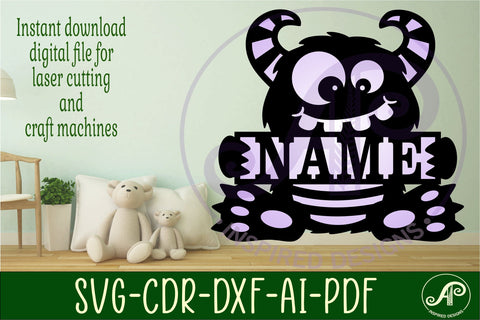 Cute monster name sign design 1 svg laser cut template SVG APInspireddesigns 