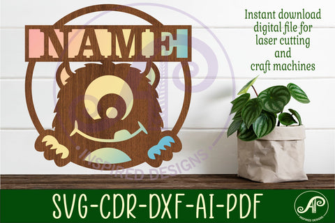 Cute monster name sign design 2 svg laser cut template SVG APInspireddesigns 