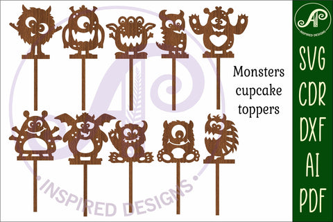 Cute Monsters cupcake toppers, 10 designs SVG laser SVG APInspireddesigns 