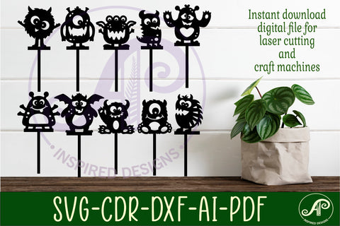 Cute Monsters cupcake toppers, 10 designs SVG laser SVG APInspireddesigns 