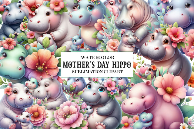 Cute Mother's Day Hippo Clipart PNG Sublimation SVGista 
