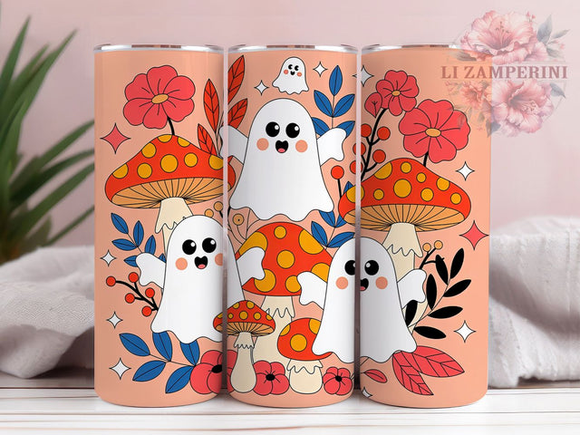 Cute Mushroom Ghosts Halloween Tumbler Wrap, Cute Spooky Wrap, 20Oz Sublimation Design, Cozy Fall Drinkware, Floral Halloween Cup, Autumn Ghost Tumbler, Woodland Spooky Wrap Sublimation Li Zamperini 