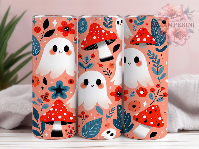 Cute Mushroom Ghosts Halloween Tumbler Wrap, Cute Spooky Wrap, 20Oz Sublimation Design, Cozy Fall Drinkware, Floral Halloween Cup, Autumn Ghost Tumbler, Woodland Spooky Wrap Sublimation Li Zamperini 