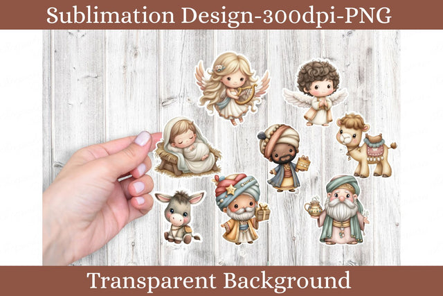 Cute Nativity Sticker PNG Set with Baby Jesus, Angels, Wise Men, Donkey and Camel, Christian Christmas Bible Clipart Sublimation Keepsake Treasures Designs LLC. 
