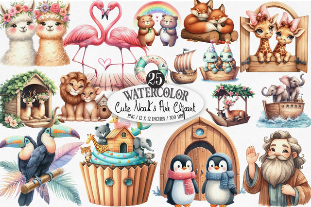Cute Noah's Ark Watercolor Clip Art, Sublimation SVGista 