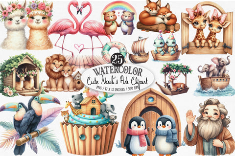 Cute Noah's Ark Watercolor Clip Art, Sublimation SVGista 