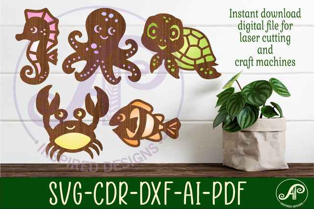Cute ocean animals laser cut file shapes. 5 two layer shapes SVG APInspireddesigns 