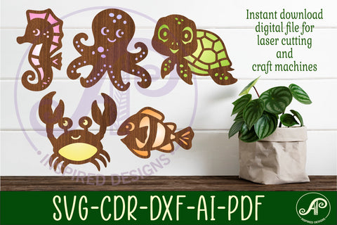Cute ocean animals laser cut file shapes. 5 two layer shapes SVG APInspireddesigns 