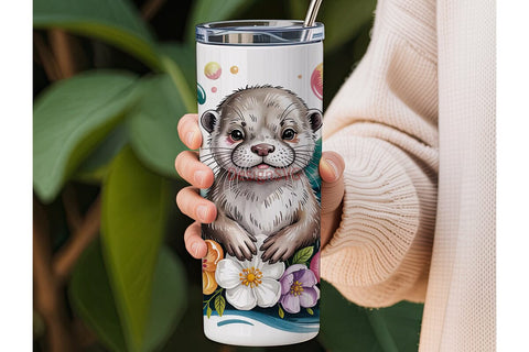 Cute Otter with Flowers 20oz Tumbler Sublimation DesignSVG 