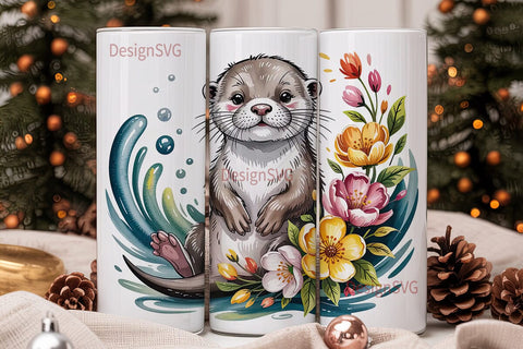 Cute Otter with Flowers 20oz Tumbler Sublimation DesignSVG 