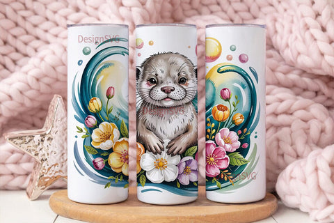 Cute Otter with Flowers 20oz Tumbler Sublimation DesignSVG 