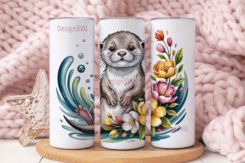 Cute Otter with Flowers 20oz Tumbler Sublimation DesignSVG 
