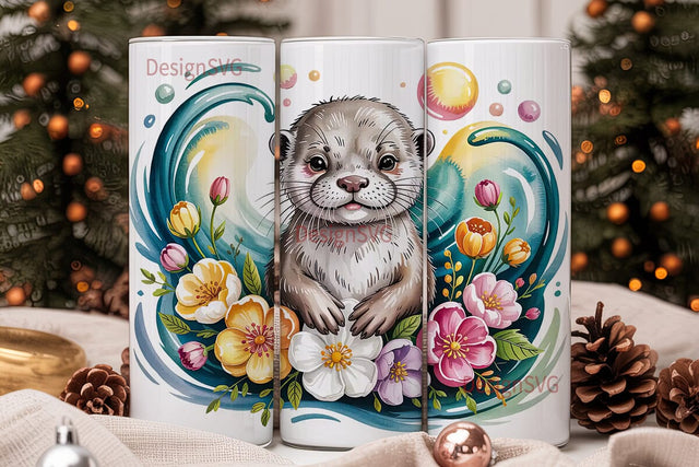 Cute Otter with Flowers 20oz Tumbler Sublimation DesignSVG 