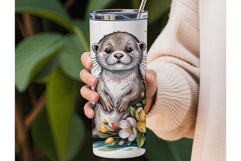 Cute Otter with Flowers 20oz Tumbler Sublimation DesignSVG 