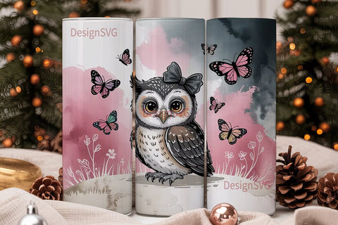 Cute Owl & Butterflies 20oz Tumbler Wrap Sublimation DesignSVG 