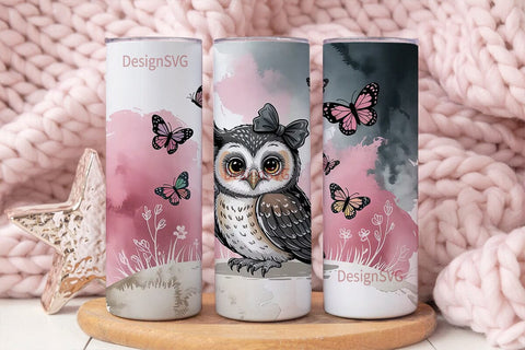 Cute Owl & Butterflies 20oz Tumbler Wrap Sublimation DesignSVG 