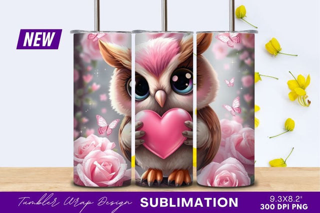 Cute Owl Holding Pink Heart With Roses Sublimation Regulrcrative 
