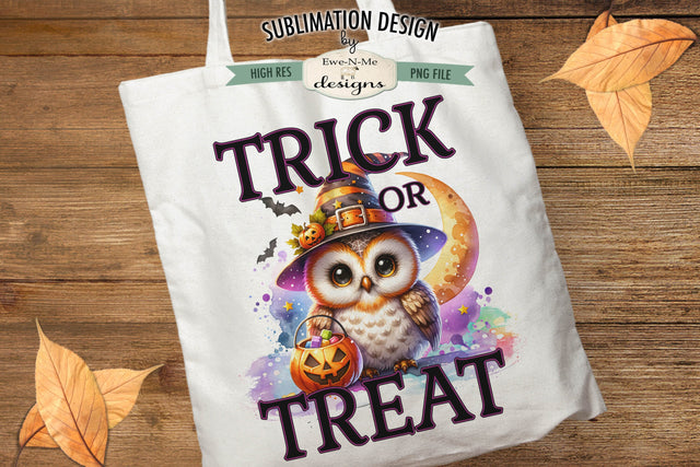 Cute Owl Trick or Treat Halloween PNG Design for Sublimation and DTF Sublimation Ewe-N-Me Designs 