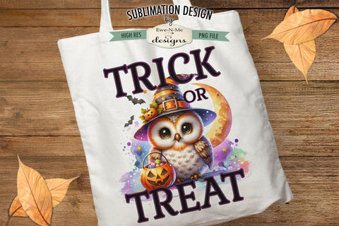 Cute Owl Trick or Treat Halloween PNG Design for Sublimation and DTF Sublimation Ewe-N-Me Designs 