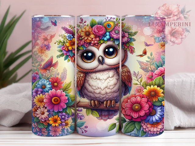 Cute Owl With Flowers 20 oz Skinny Tumbler Sublimation Design, Straight & Tapered Tumbler Png, Cute Owl Tumbler Png, Digital Download PNG Sublimation Li Zamperini 