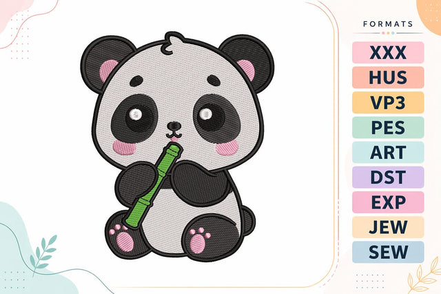 Cute Panda Playing Bamboo Flute Embroidery Design - Kawaii Panda Embroidery/Applique DESIGNS sg embroidery 