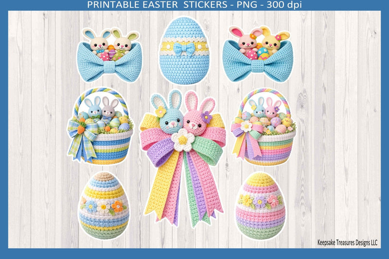 Cute Pastel Crochet Easter Stickers, 8x11 Png Printable Sheets and Individual Png Sublimation Keepsake Treasures Designs LLC. 