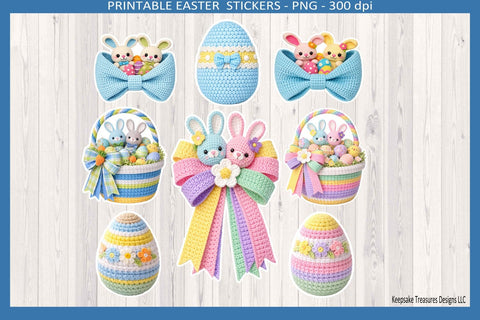 Cute Pastel Crochet Easter Stickers, 8x11 Png Printable Sheets and Individual Png Sublimation Keepsake Treasures Designs LLC. 