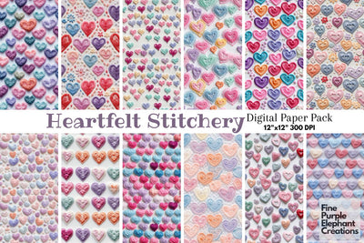 Cute Pastel Embroidered Hearts Digital Paper | Printable Valentine Digital Pattern Fine Purple Elephant Creations 