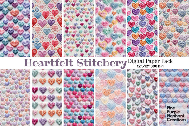 Cute Pastel Embroidered Hearts Digital Paper | Printable Valentine Digital Pattern Fine Purple Elephant Creations 