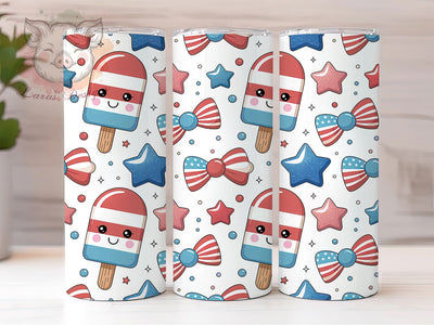 Cute Patriotic Kawaii Stars 20oz Tumbler, Kawaii Style, 4th of July Theme, Stars and Stripes, Cheerful Pattern, 20oz Tumbler Wrap, Sublimation PNG Sublimation Lara' s Designs 
