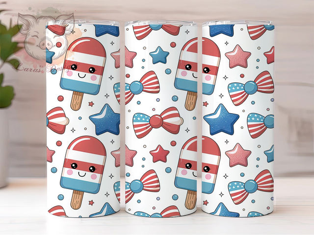 Cute Patriotic Kawaii Stars 20oz Tumbler, Kawaii Style, 4th of July Theme, Stars and Stripes, Cheerful Pattern, 20oz Tumbler Wrap, Sublimation PNG Sublimation Lara' s Designs 