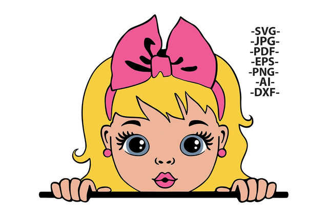 Cute Peeking Girl Clipart with Pink Bow in SVG JPG PDF EPS PNG AI DXF Formats for Cricut Sublimation Printing and Digital Design SVG 1uniqueminute 