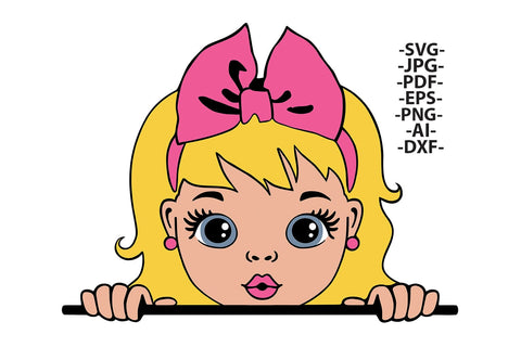 Cute Peeking Girl Clipart with Pink Bow in SVG JPG PDF EPS PNG AI DXF Formats for Cricut Sublimation Printing and Digital Design SVG 1uniqueminute 