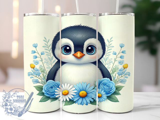 Cute Penguin Floral 20oz Tumbler, Flower Tumbler, Cute Penguin Design, Sublimation Wrap, 20oz Tumbler, Animal Lover Gift, Floral Drinkware Sublimation ToriDesigns 