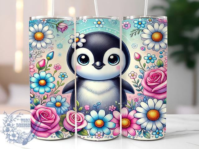 Cute Penguin Floral 20oz Tumbler, Flower Tumbler, Cute Penguin Design, Sublimation Wrap, 20oz Tumbler, Animal Lover Gift, Floral Drinkware Sublimation ToriDesigns 
