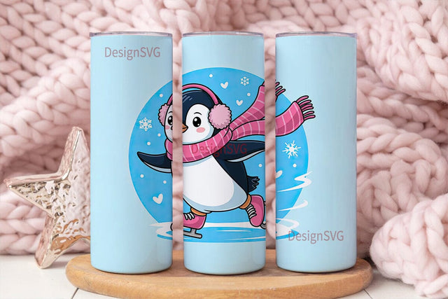 Cute Penguin Ice Skating 20oz Tumbler Sublimation DesignSVG 